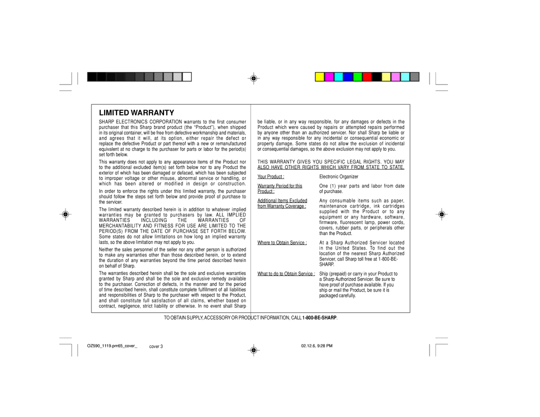 Sharp OZ-590 operation manual Limited Warranty 