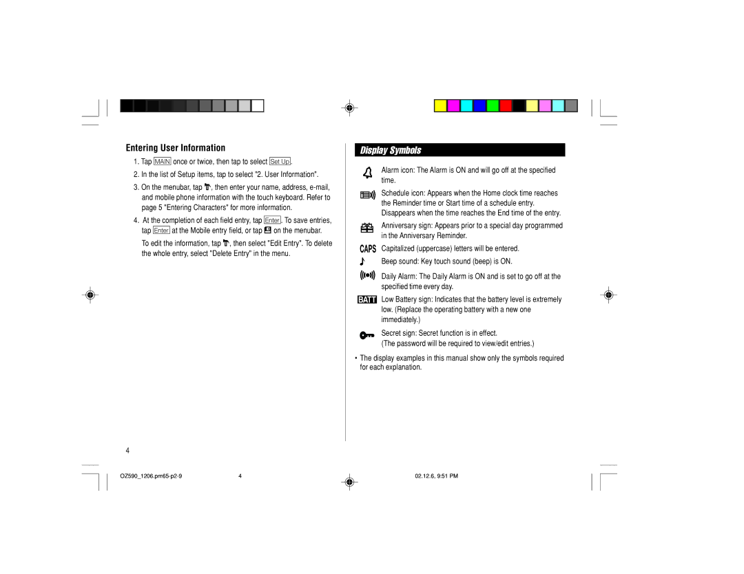 Sharp OZ-590 operation manual Display Symbols, Entering User Information 