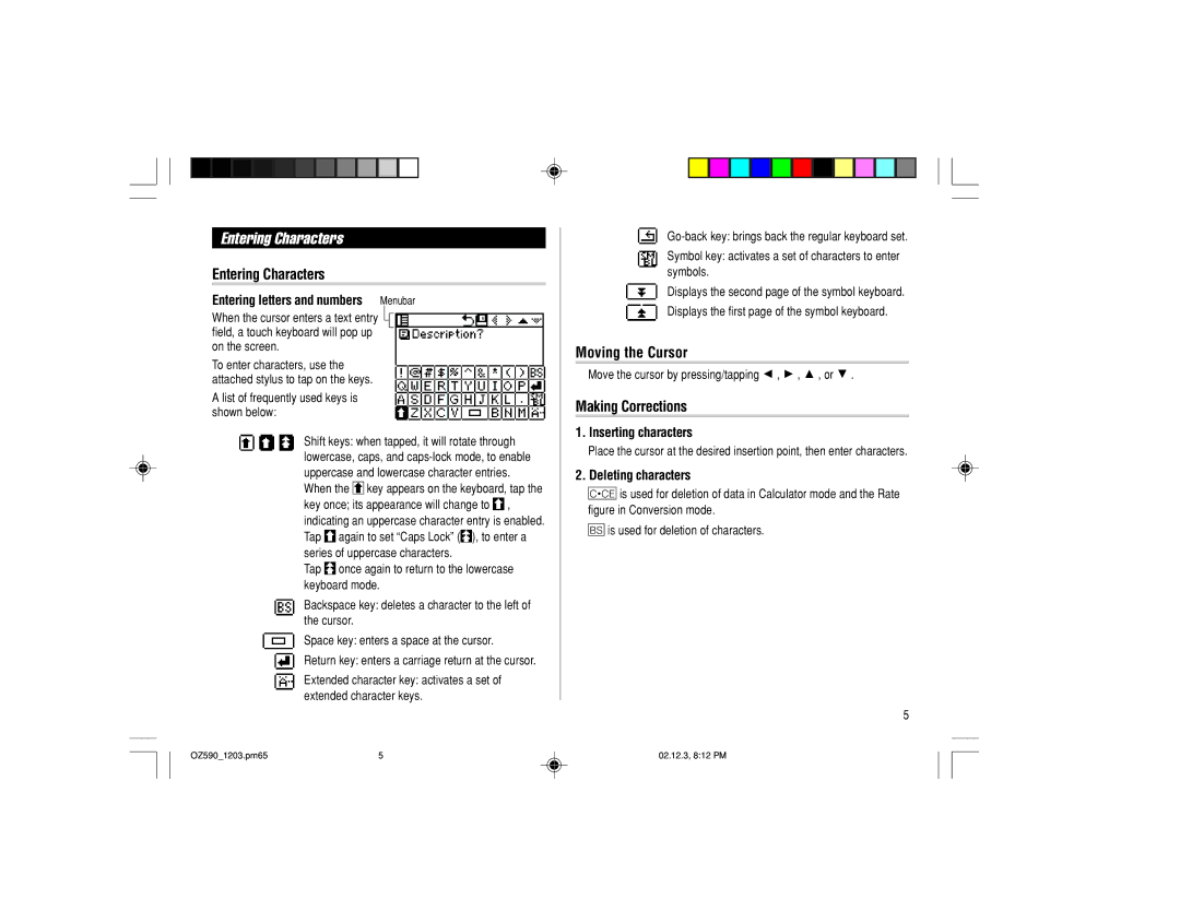 Sharp OZ-590 operation manual Entering Characters, Moving the Cursor, Making Corrections 