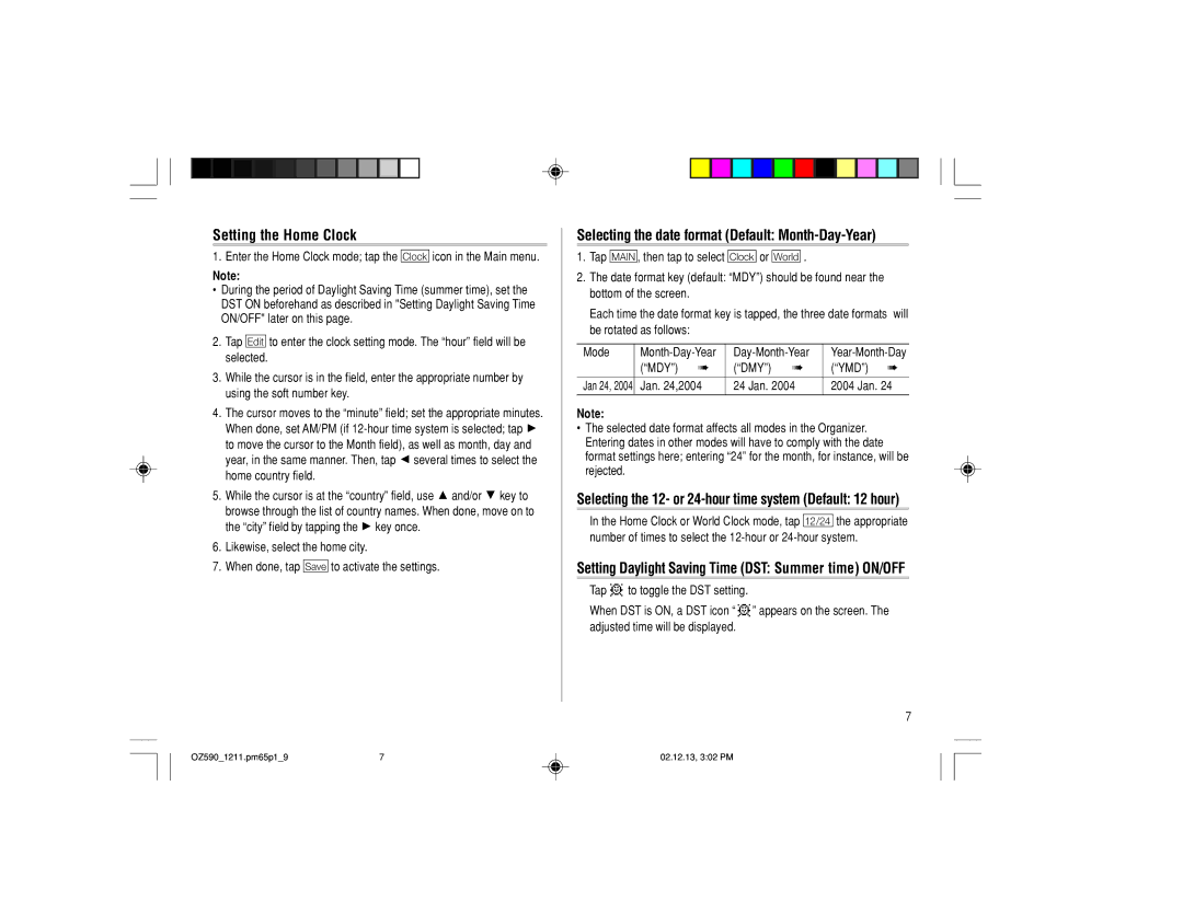 Sharp OZ-590 operation manual Setting the Home Clock, Selecting the date format Default Month-Day-Year 