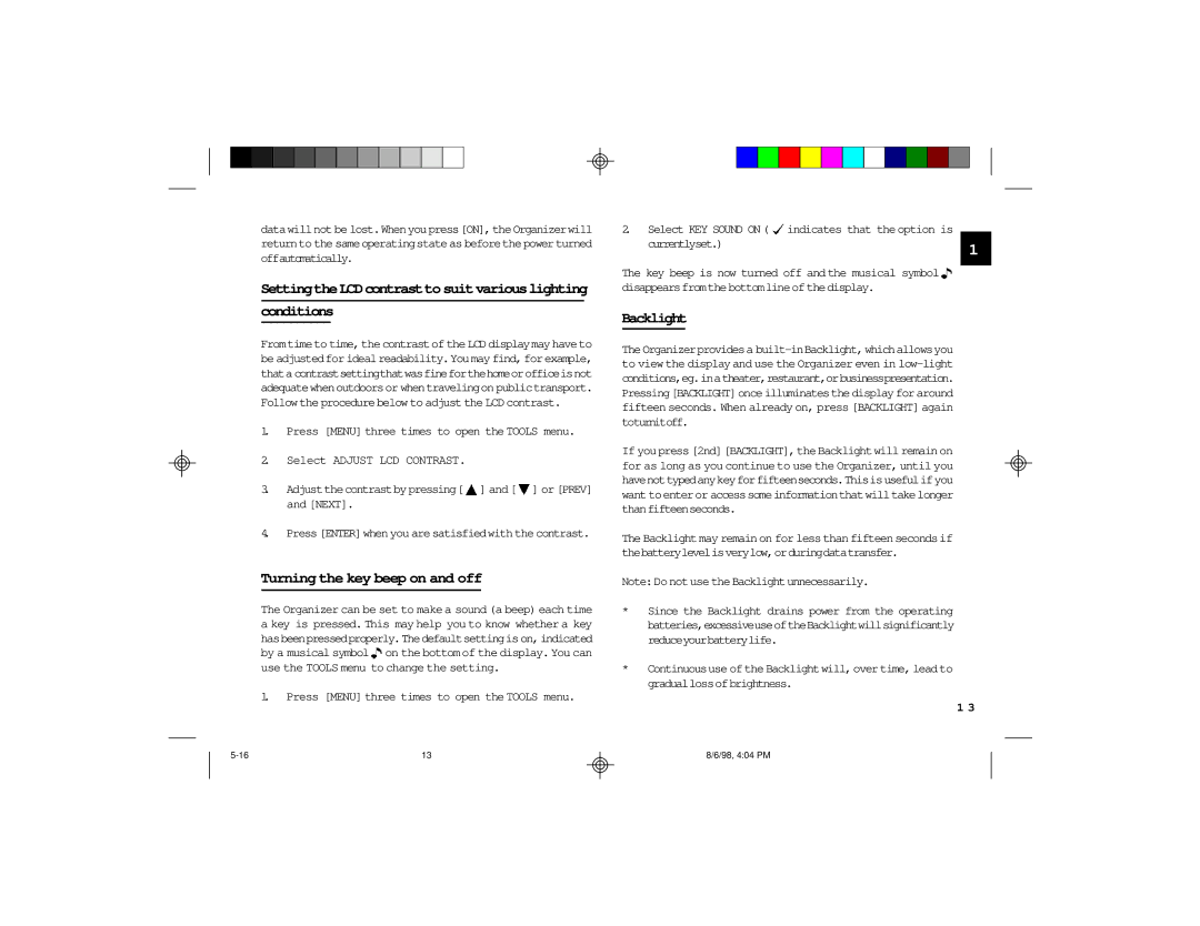 Sharp OZ-650, OZ-640 Conditions, Turning the key beep on and off, Backlight, Disappearsfromthebottomlineof thedisplay 