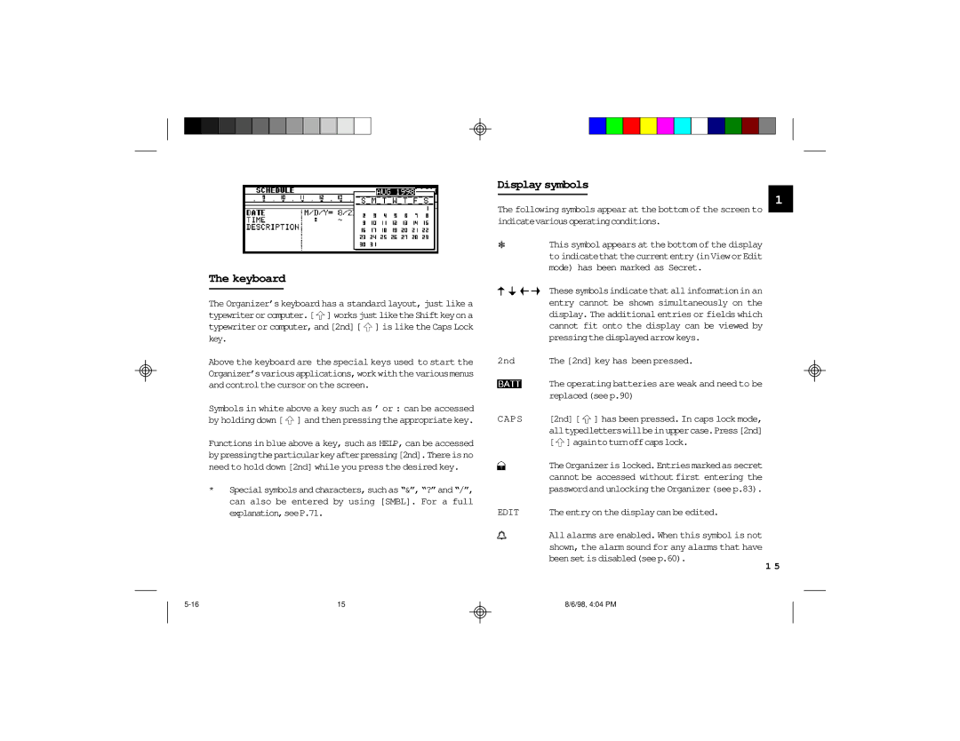 Sharp OZ-630, OZ-640, OZ-650 operation manual Keyboard, Display symbols 