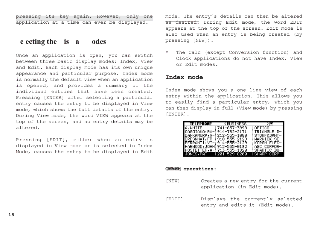 Sharp OZ-630, OZ-640, OZ-650 Selecting the Display Modes, Index mode, OtherNEXT operations, Application in Edit mode 