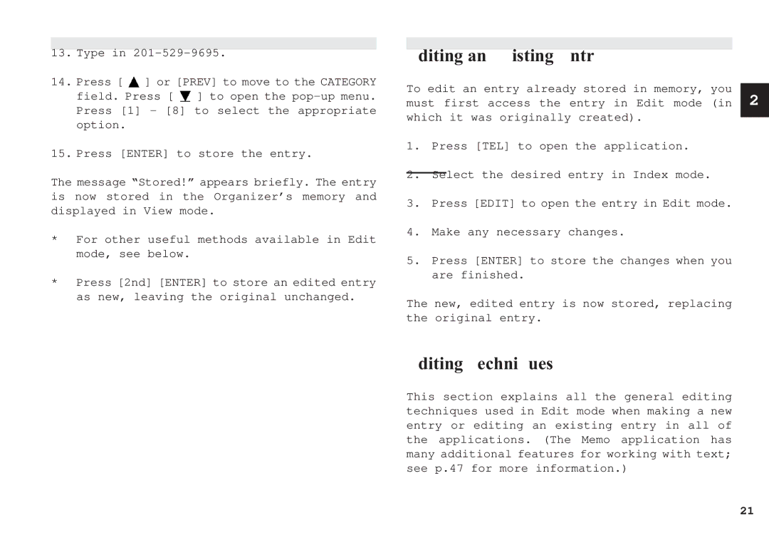 Sharp OZ-630, OZ-640, OZ-650 Editing an Existing Entry, Editing Techniques, Type, Option Press Enter to store the entry 