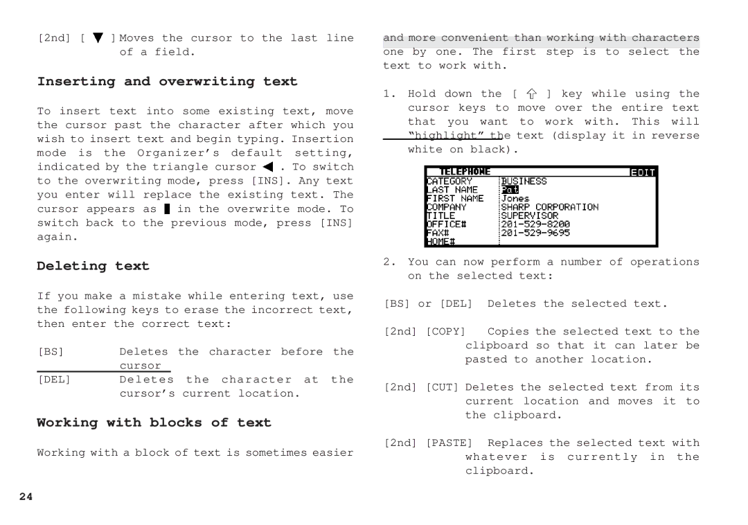 Sharp OZ-630, OZ-640, OZ-650 operation manual Inserting and overwriting text, Deleting text, Working with blocks of text 