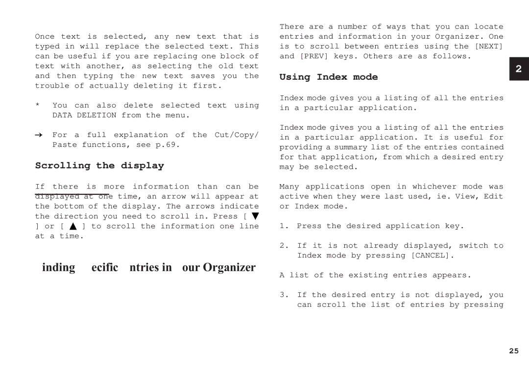 Sharp OZ-650, OZ-640, OZ-630 Finding Specific Entries in Your Organizer, Scrolling the display, Using Index mode 