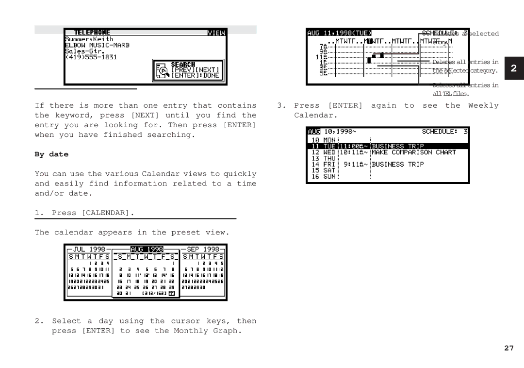 Sharp OZ-630, OZ-640, OZ-650 Press Enter again to see the Weekly, Calendar, When you have finished searching, By date 