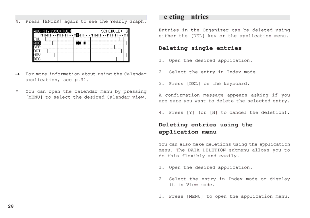 Sharp OZ-650, OZ-640, OZ-630 Deleting Entries, Deleting single entries, Deleting entries using the application menu 