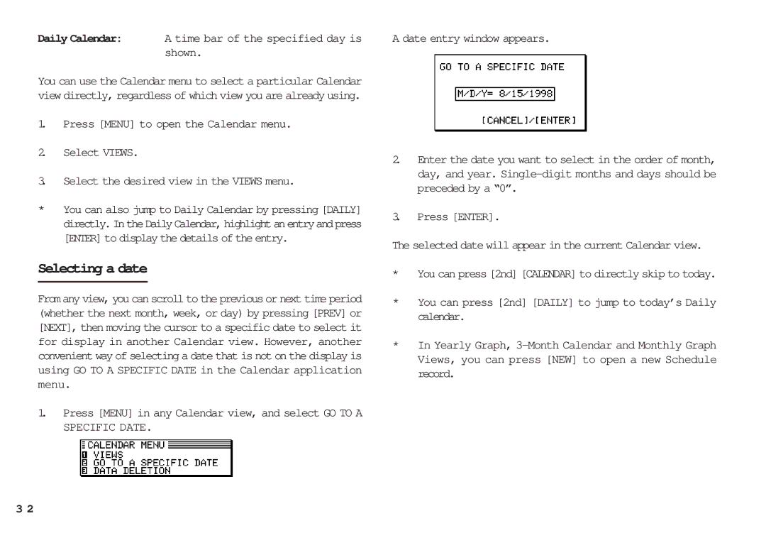 Sharp OZ-640, OZ-630, OZ-650 Selecting a date, Daily Calendar a time bar of the specified day is shown, Press Enter 
