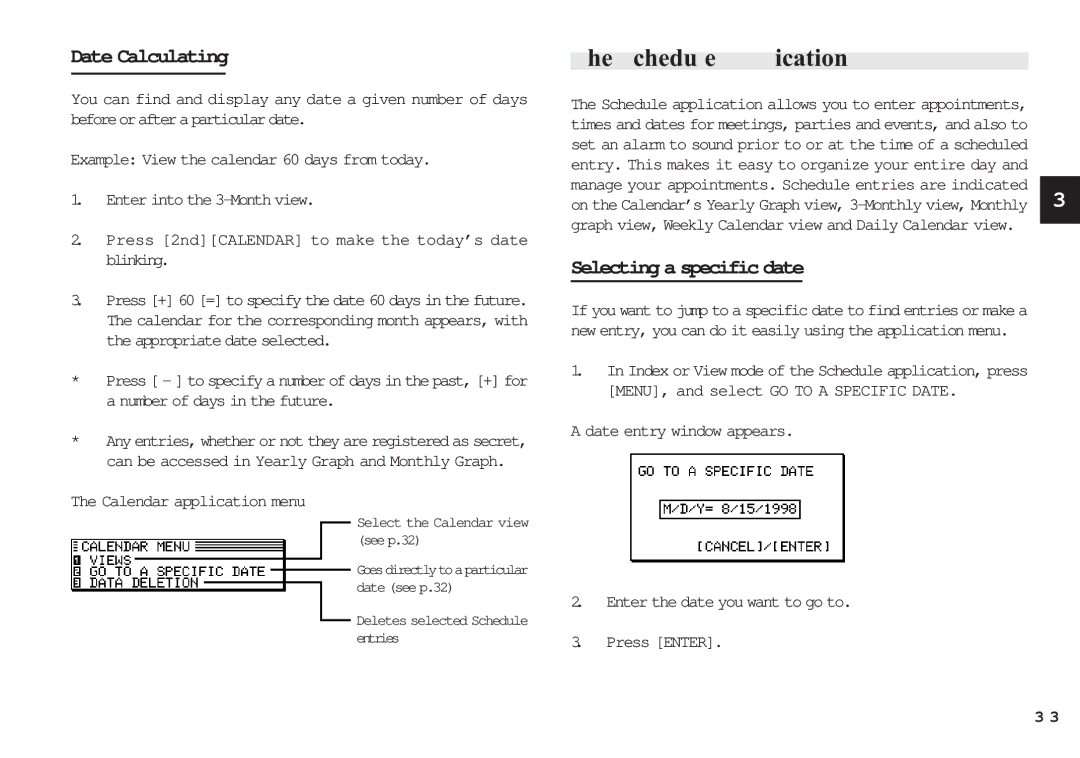 Sharp OZ-630, OZ-640, OZ-650 Schedule Application, Date Calculating, Selecting a specific date, Calendar application menu 