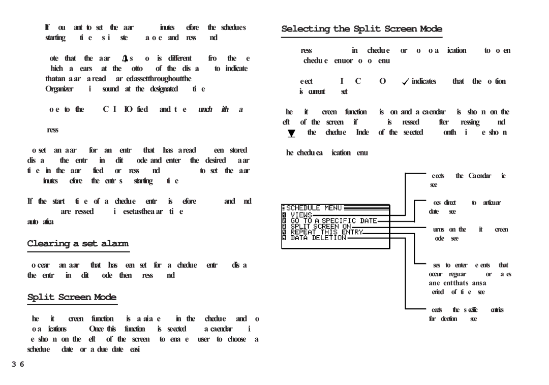 Sharp OZ-630, OZ-640, OZ-650 Clearing a set alarm, Selecting the Split Screen Mode, Schedule application menu 