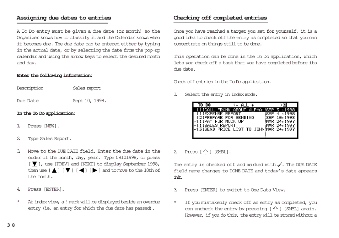 Sharp OZ-640, OZ-630, OZ-650 Assigning due dates to entries, Checking off completed entries, Due Date, To Do application 