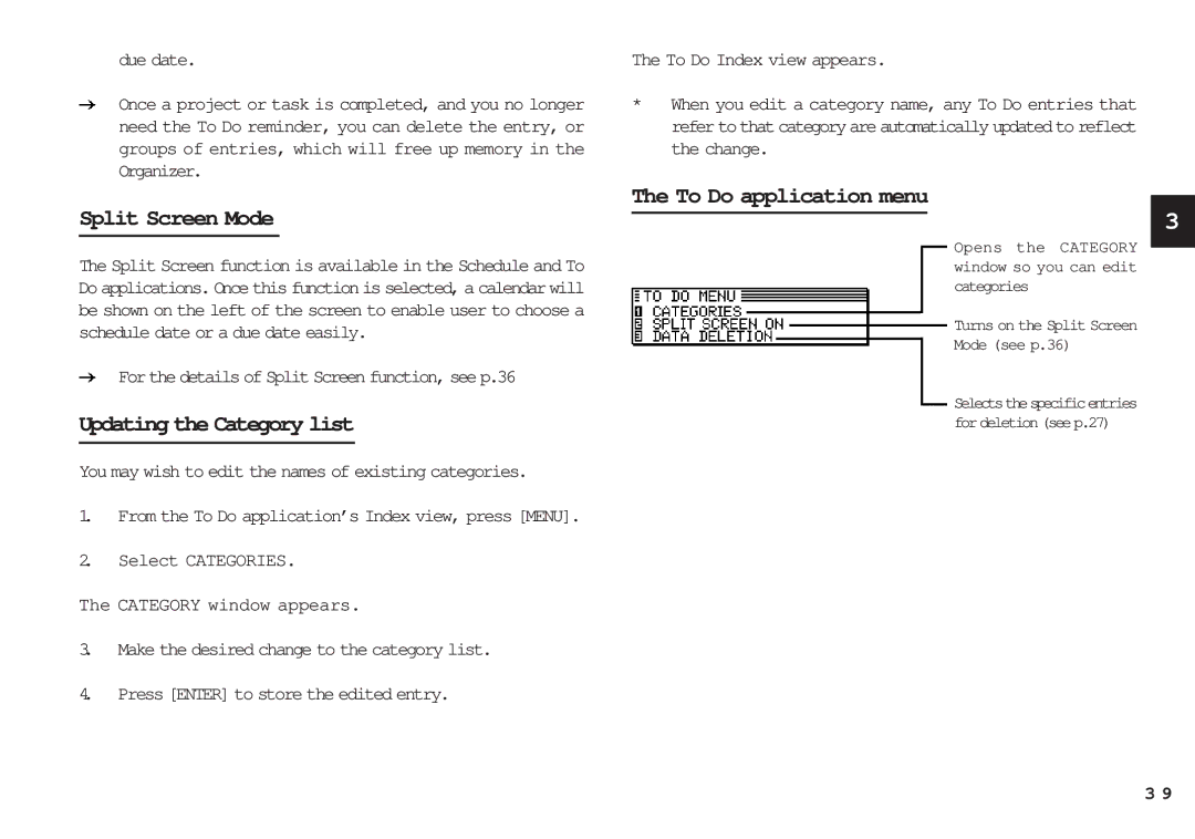 Sharp OZ-630, OZ-640, OZ-650 Updating the Category list, To Do application menu, Select Categories Category window appears 