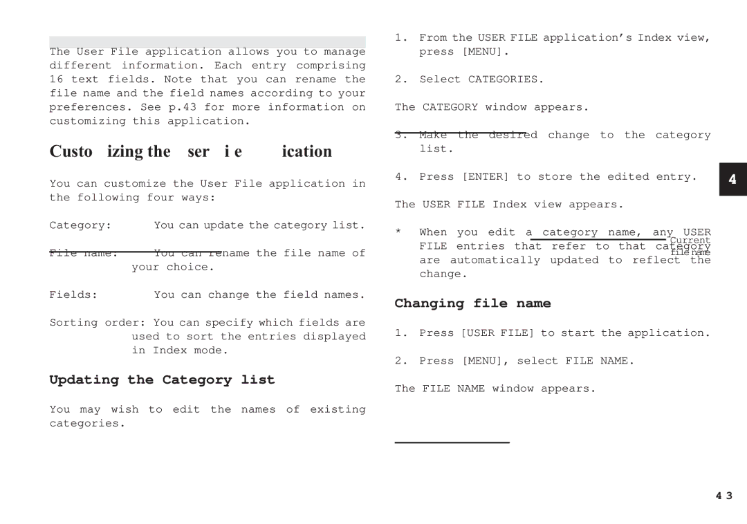 Sharp OZ-650, OZ-640, OZ-630 Customizing the User File Application, Changing file name, File name, Your choice, Fields 