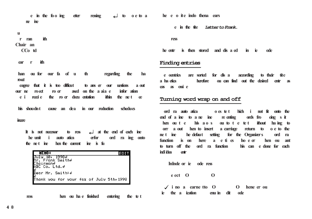 Sharp OZ-630 Finding entries, Turning word wrap on and off, Sincerely, Index or View mode, press Menu Select Word Wrap on 