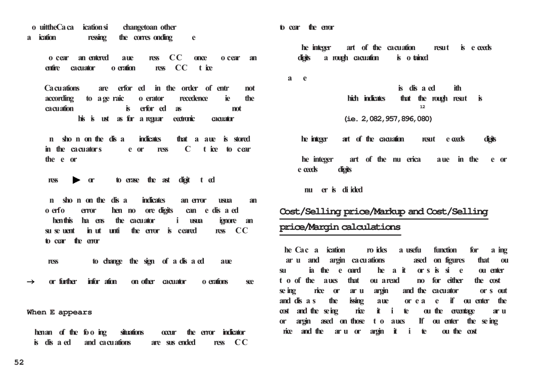 Sharp OZ-650 Price/Margin calculations, When E appears, Tocleartheerror, Example 4567890123 x 456 =, Ie ,082,957,896,080 