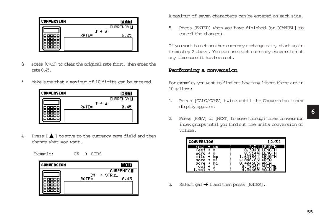 Sharp OZ-650, OZ-640, OZ-630 operation manual Performing a conversion, Example C$ STR£, Select gal l and then press Enter 