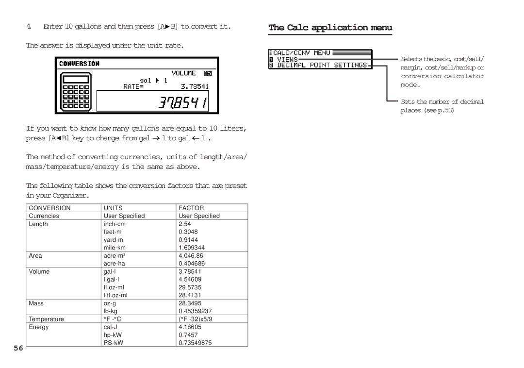 Sharp OZ-640, OZ-630, OZ-650 operation manual Calc application menu, Answer is displayed under the unit rate 