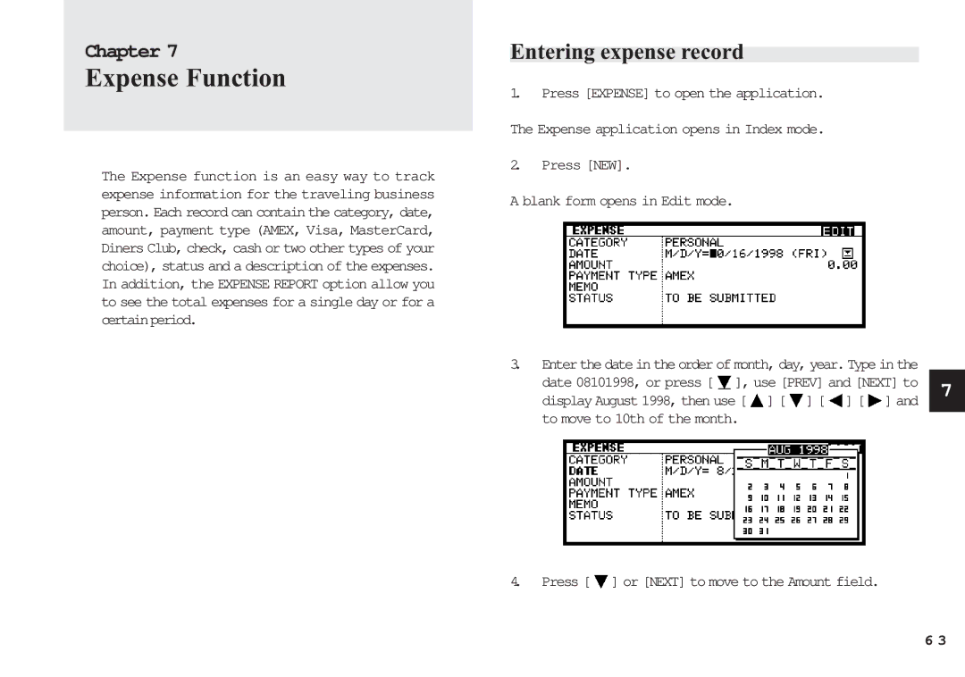 Sharp OZ-630, OZ-640, OZ-650 operation manual Expense Function, Entering expense record, To move to 10th of the month 