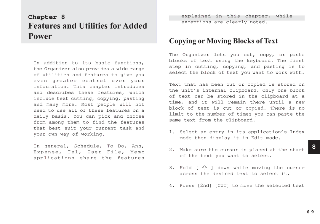 Sharp OZ-630, OZ-640, OZ-650 operation manual Features and Utilities for Added Power, Copying or Moving Blocks of Text 