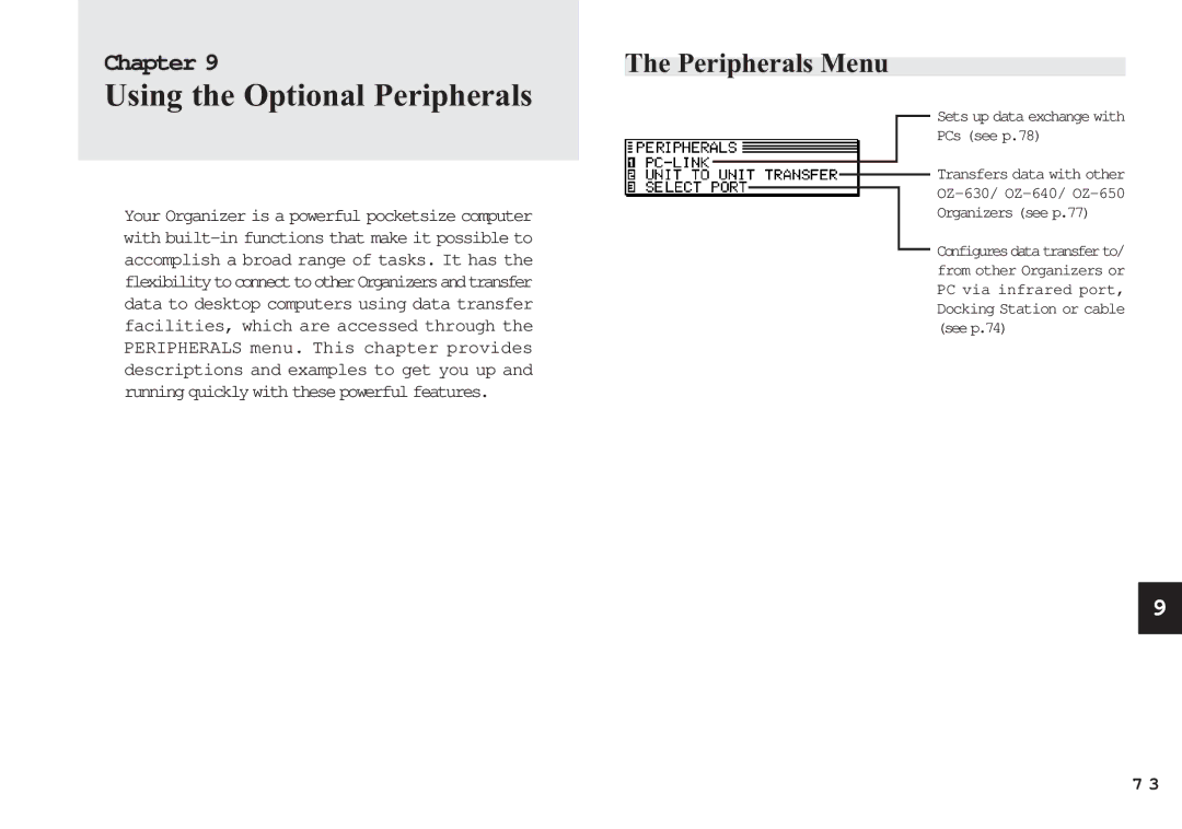 Sharp OZ-650, OZ-640, OZ-630 operation manual Using the Optional Peripherals, Peripherals Menu 