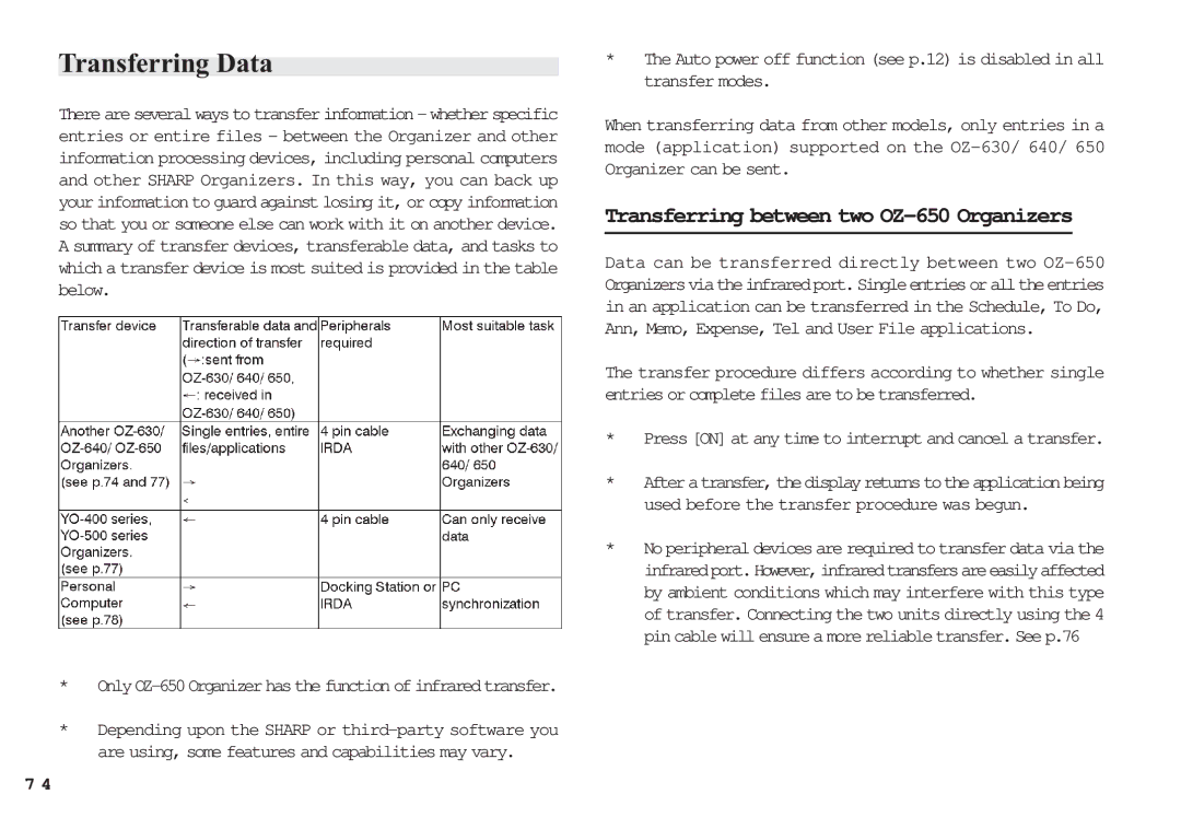 Sharp OZ-640, OZ-630 operation manual Transferring Data, Transferring between two OZ-650 Organizers 