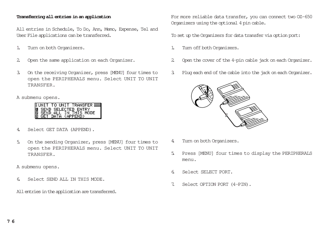 Sharp OZ-650, OZ-640, OZ-630 Transferring all entries in an application, Turn on both Organizers, Turn off both Organizers 