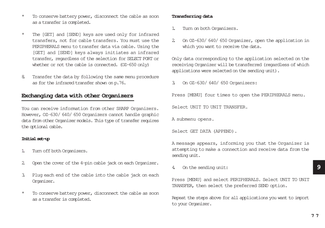 Sharp OZ-640 Exchanging data with other Organizers, Transferring data, On OZ-630/ 640/ 650 Organizers, On the sending unit 