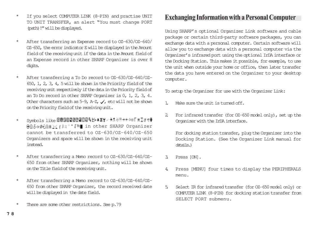 Sharp OZ-630, OZ-640, OZ-650 Exchanging Information with a Personal Computer, Make sure the unit is turned off 