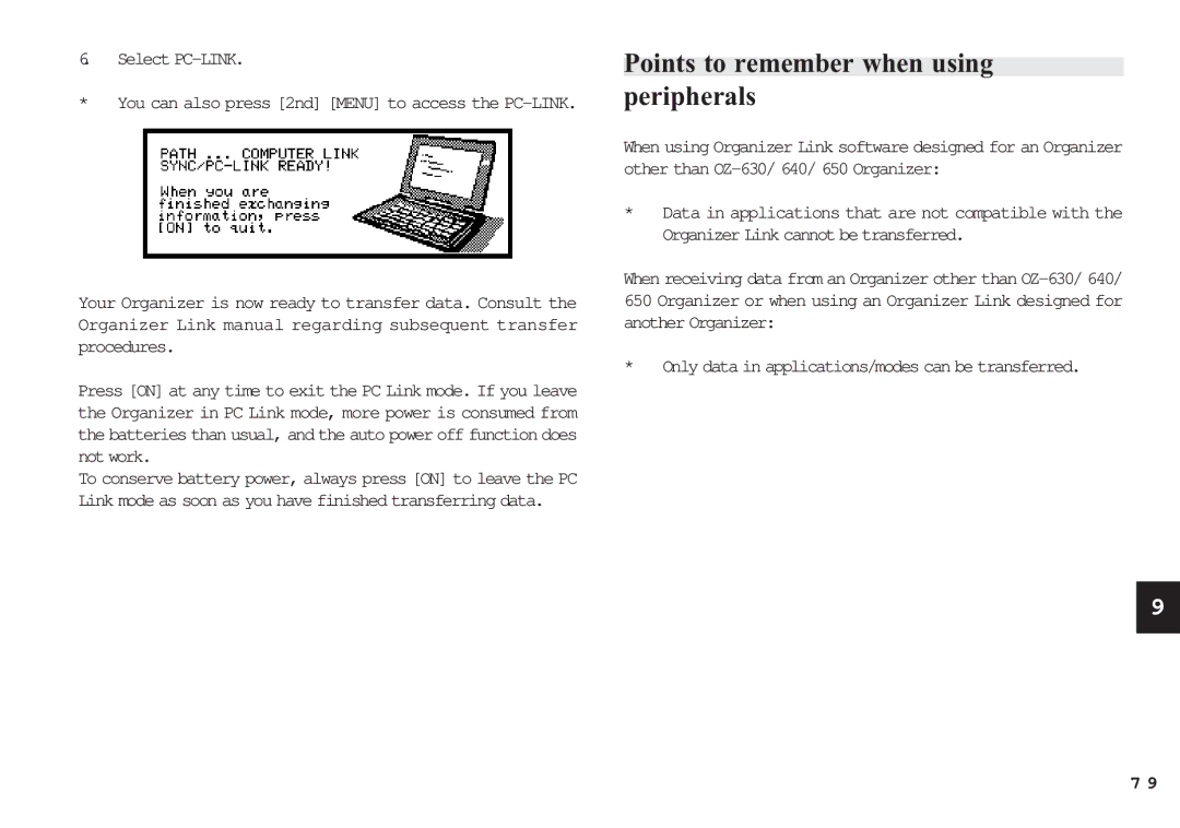 Sharp OZ-650, OZ-640, OZ-630 operation manual Points to remember when using peripherals, Select PC-LINK 