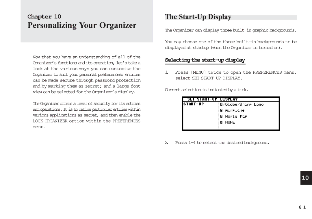 Sharp OZ-630, OZ-640, OZ-650 operation manual Personalizing Your Organizer, Start-Up Display, Selecting the start-up display 