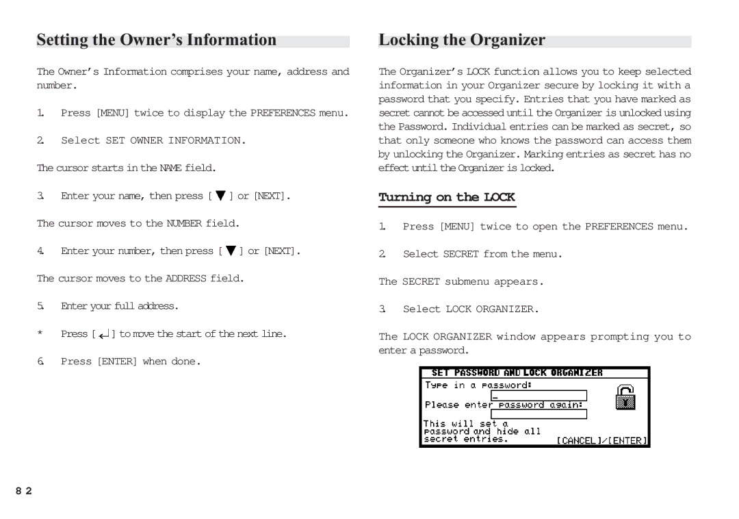 Sharp OZ-650, OZ-640, OZ-630 operation manual Setting the OwnerÕs Information, Locking the Organizer, Turning on the Lock 