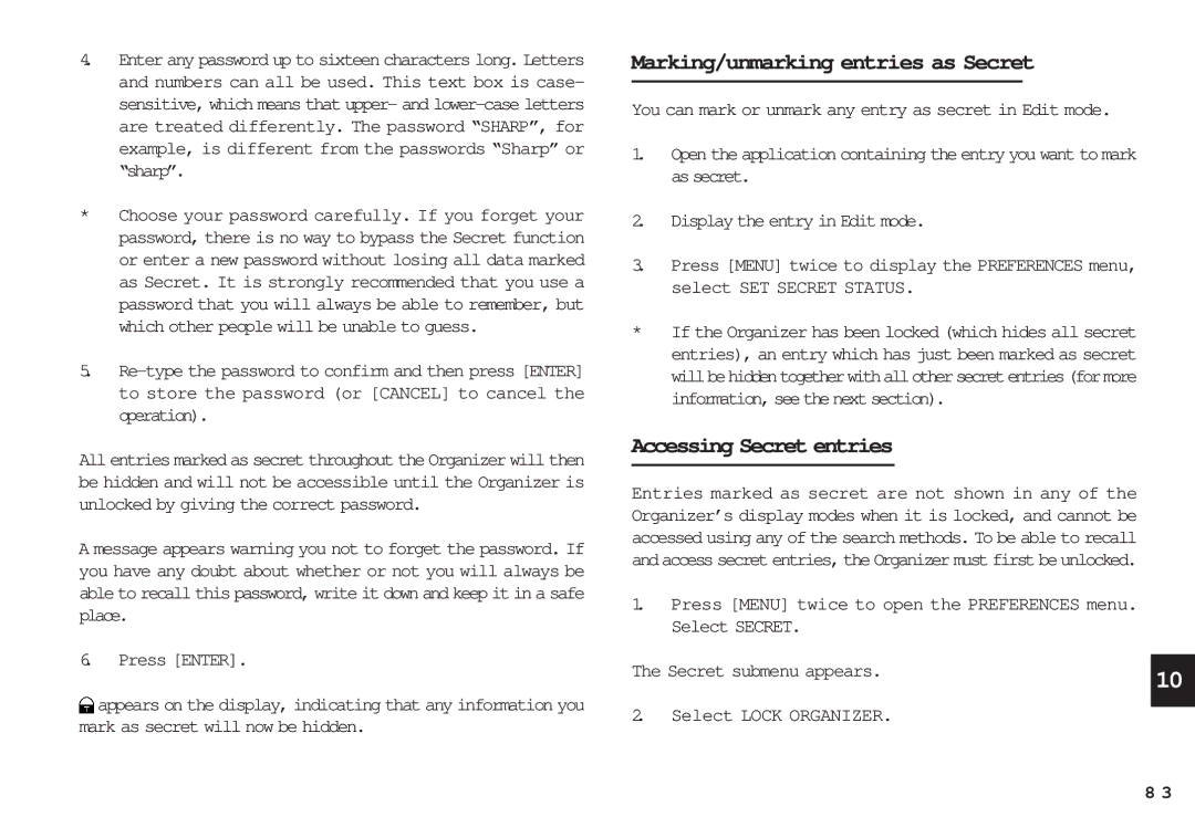 Sharp OZ-640, OZ-630, OZ-650 operation manual Marking/unmarking entries as Secret, Accessing Secret entries 