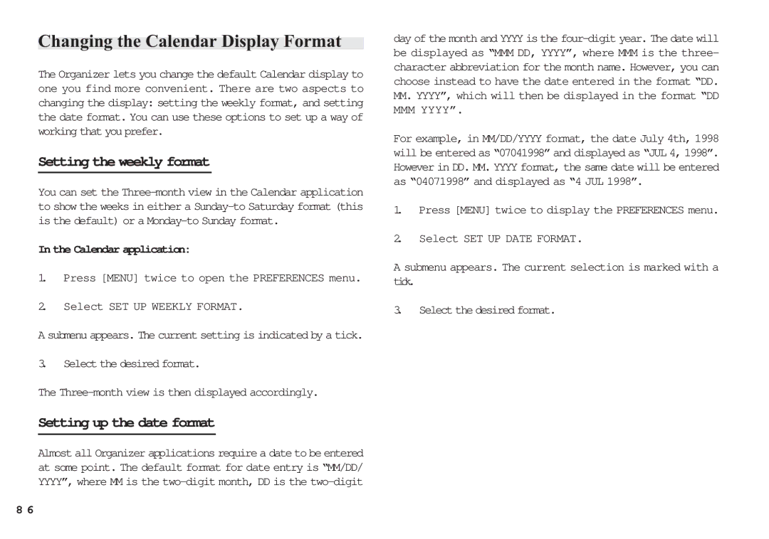 Sharp OZ-640, OZ-630, OZ-650 Changing the Calendar Display Format, Setting the weekly format, Setting up the date format 