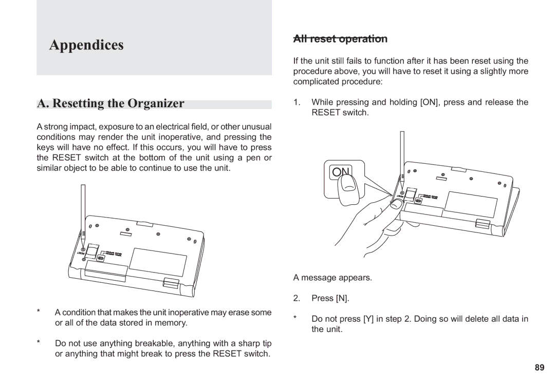 Sharp OZ-640, OZ-630, OZ-650 operation manual Appendices, Resetting the Organizer 