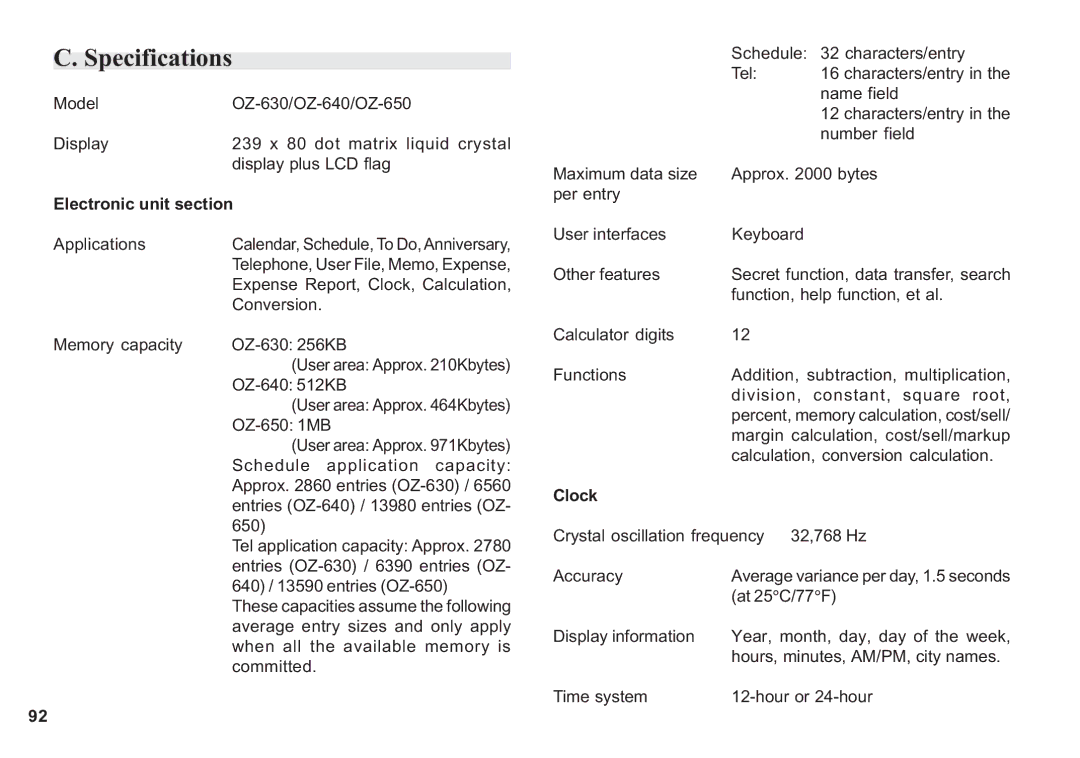 Sharp OZ-640, OZ-630, OZ-650 operation manual Specifications, Electronic unit section 