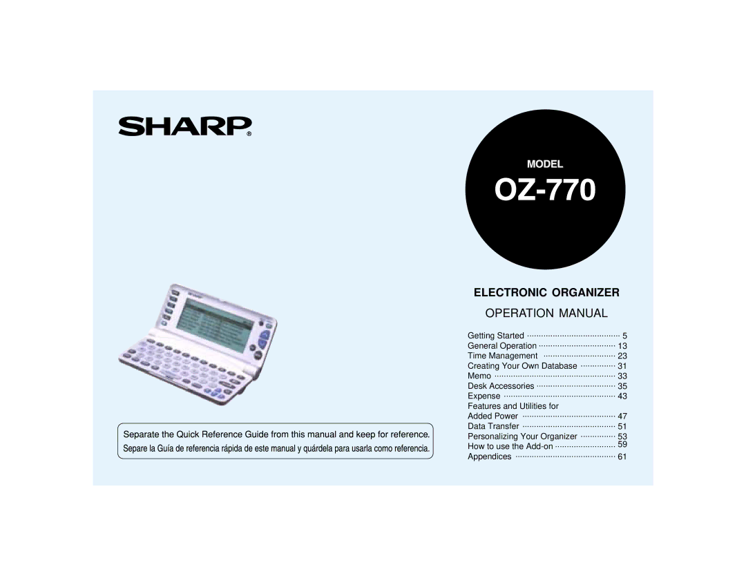 Sharp OZ-770 operation manual Electronic Organizer 