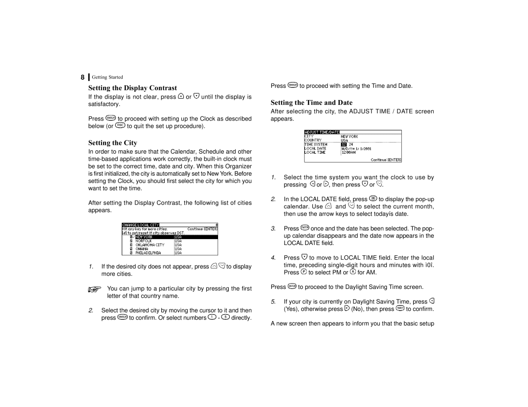 Sharp OZ-770 operation manual Setting the Display Contrast, Setting the City, Setting the Time and Date 