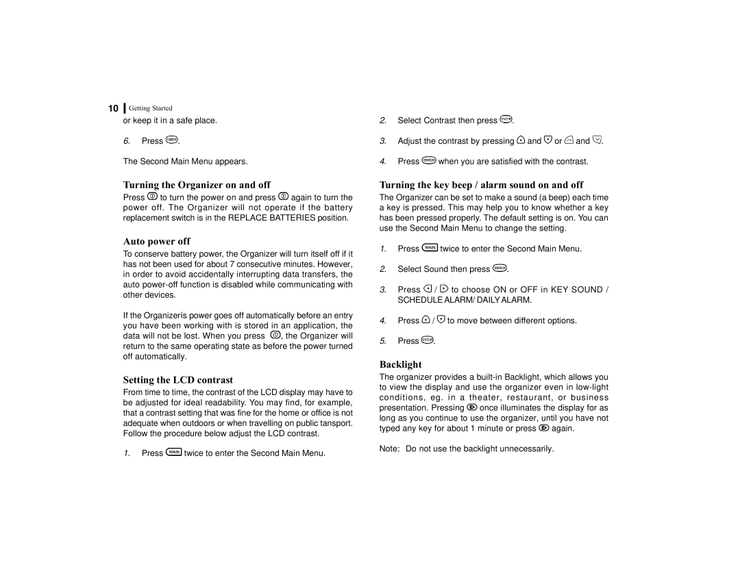 Sharp OZ-770 operation manual Turning the Organizer on and off, Auto power off, Setting the LCD contrast, Backlight 