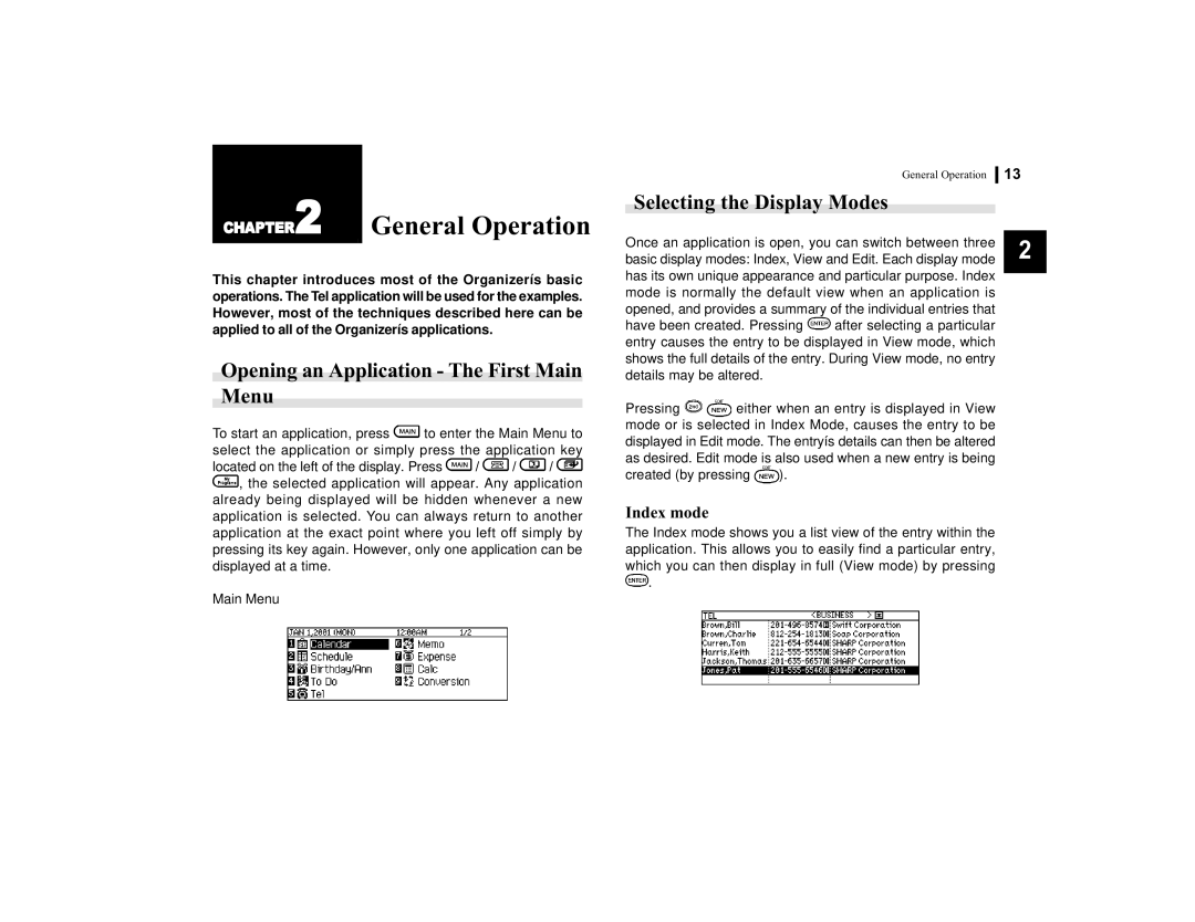 Sharp OZ-770 operation manual Opening an Application The First Main Menu, Selecting the Display Modes, Index mode 