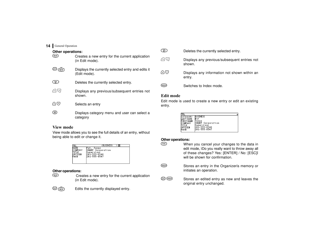 Sharp OZ-770 operation manual View mode, Edit mode, Other operations 