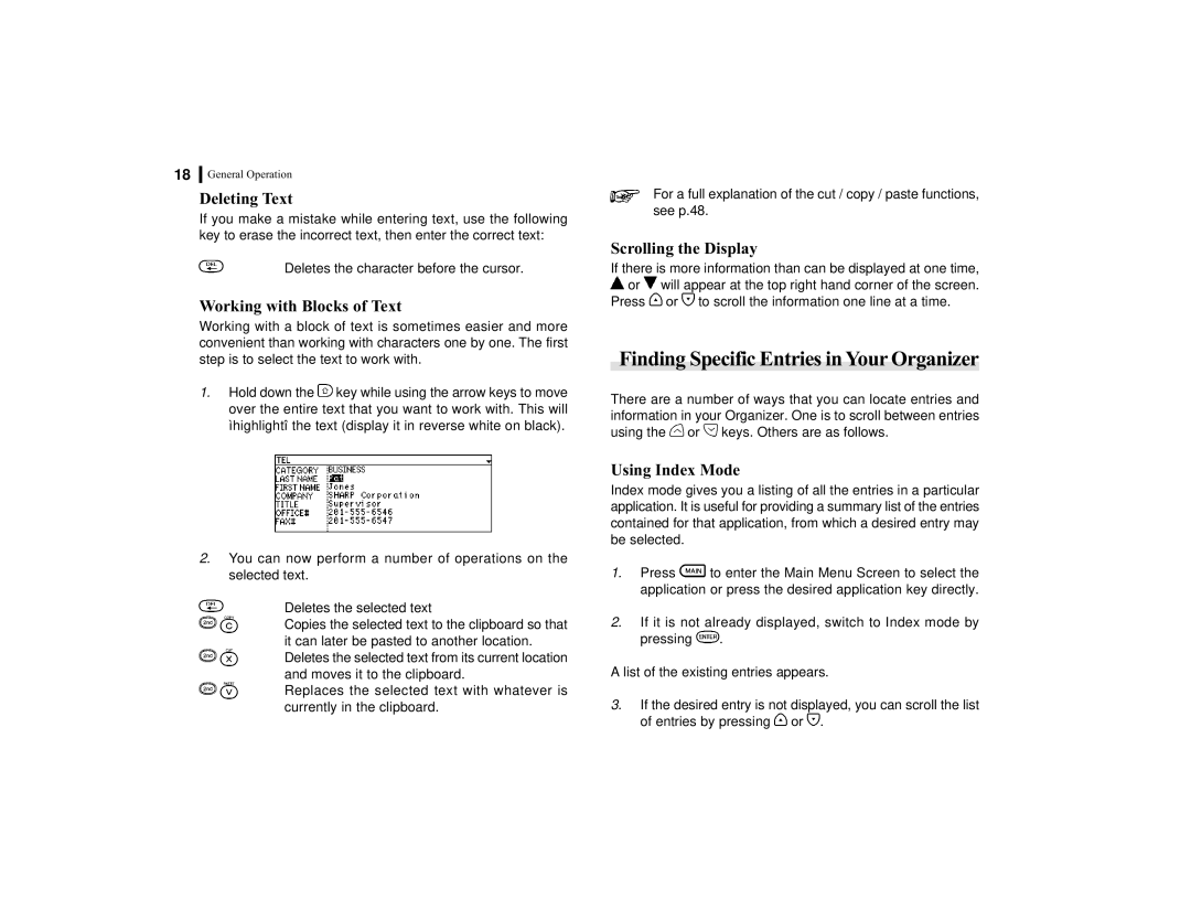 Sharp OZ-770 Finding Specific Entries inYour Organizer, Deleting Text, Working with Blocks of Text, Scrolling the Display 