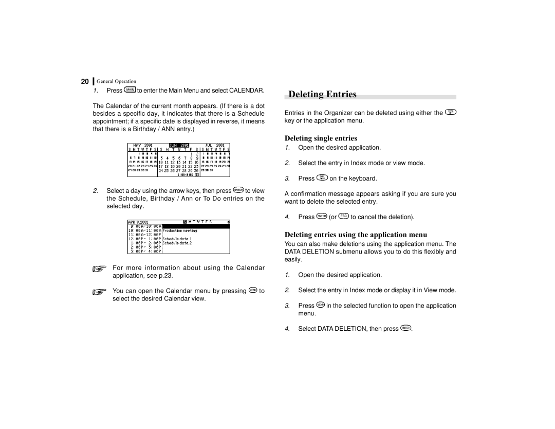 Sharp OZ-770 operation manual Deleting Entries, Deleting single entries, Deleting entries using the application menu 