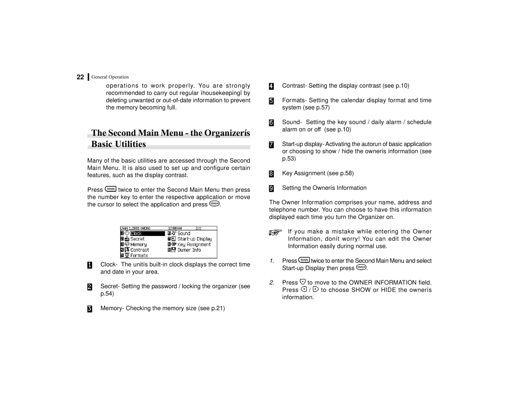 Sharp OZ-770 operation manual Second Main Menu the Organizerís Basic Utilities 