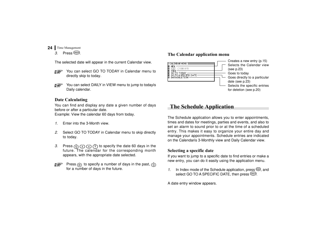 Sharp OZ-770 operation manual Schedule Application, Calendar application menu, Date Calculating, Selecting a specific date 