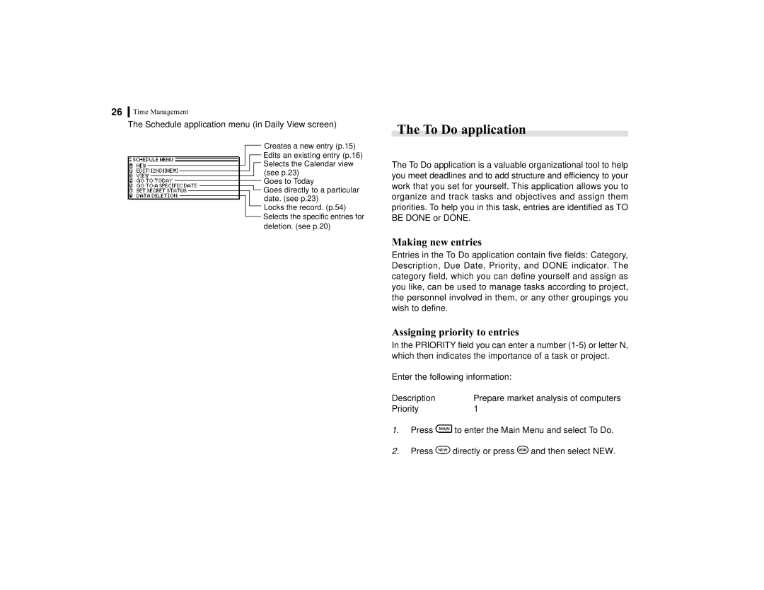 Sharp OZ-770 operation manual To Do application, Making new entries, Assigning priority to entries 