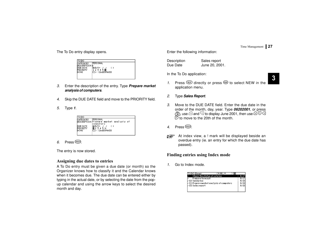 Sharp OZ-770 operation manual Assigning due dates to entries, Finding entries using Index mode 