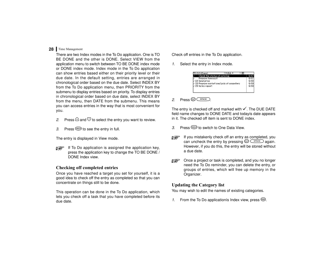 Sharp OZ-770 operation manual Checking off completed entries, Updating the Category list 