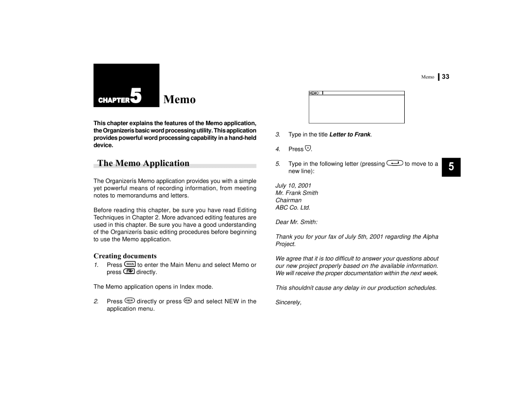 Sharp OZ-770 operation manual Memo Application, Creating documents 