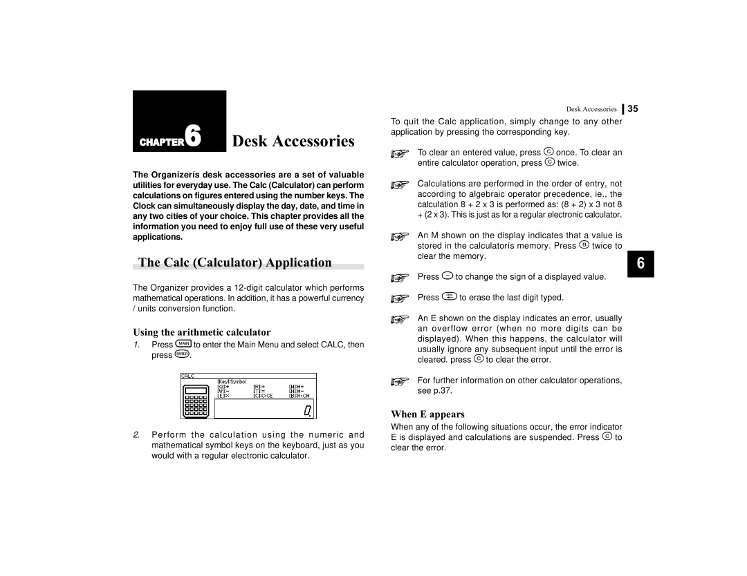 Sharp OZ-770 operation manual Calc Calculator Application, Using the arithmetic calculator, When E appears, Applications 